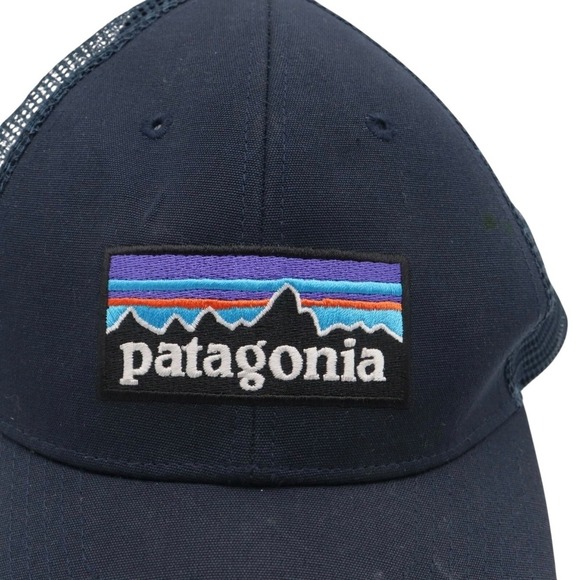 Patagonia Snapback Trucker Hat Navy Blue Cap Mesh Back Spell Out Mountain Patch - Picture 3 of 10